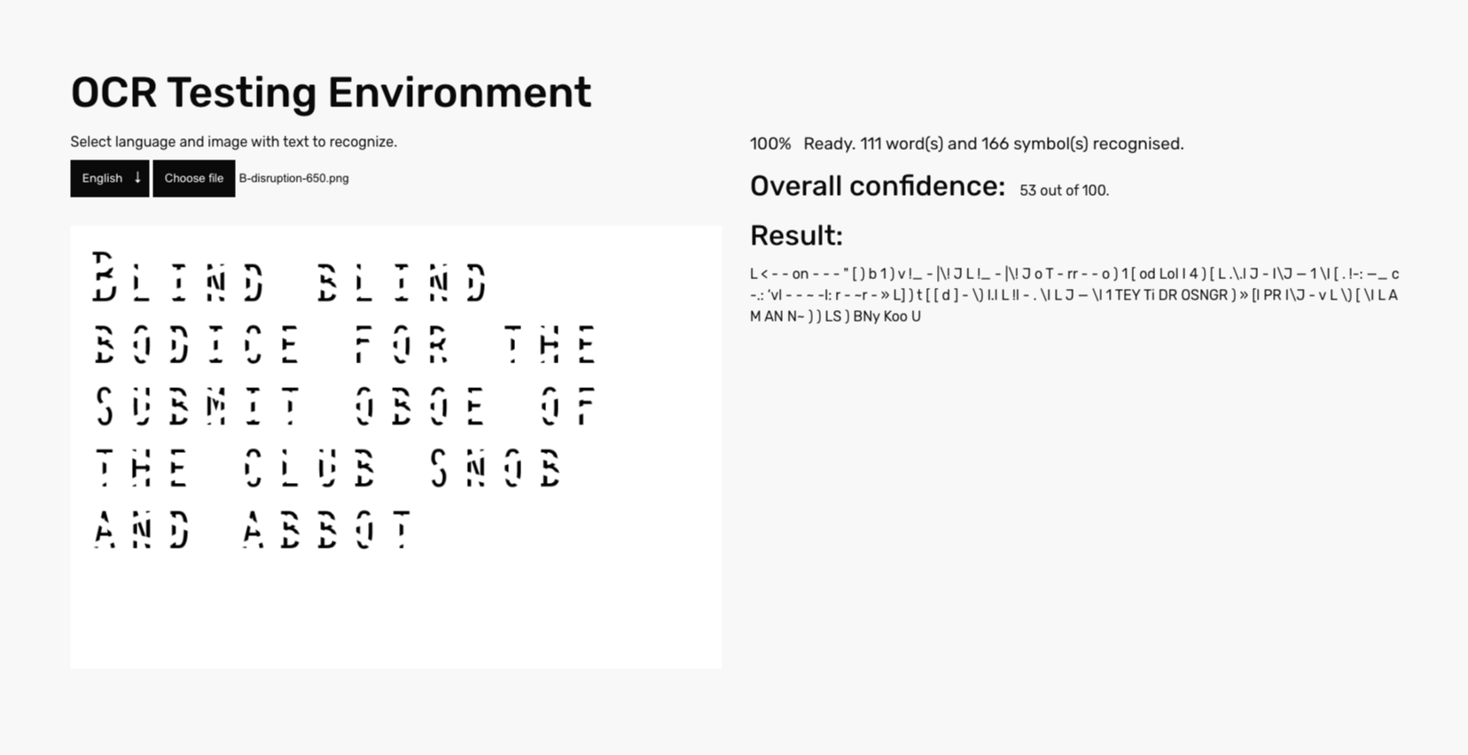 Test of letter 'B' of Disruption Monospace VF at 650 weight, with confidence score 53 of 100.