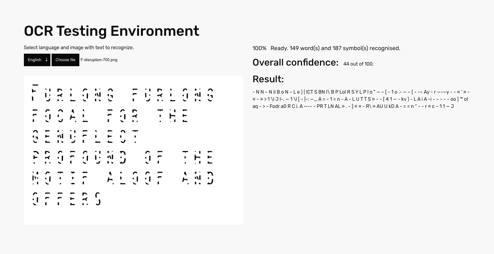 Test of letter 'F' of Disruption Monospace VF at 700 weight, with confidence score 44 of 100.