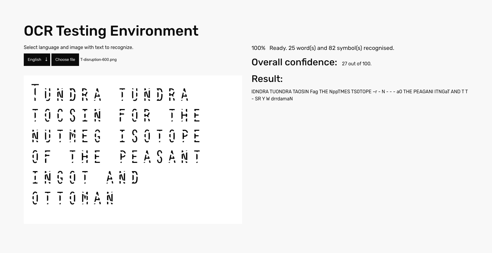 Test of letter 'T' of Disruption Monospace VF at 600 weight, with confidence score 27 of 100.