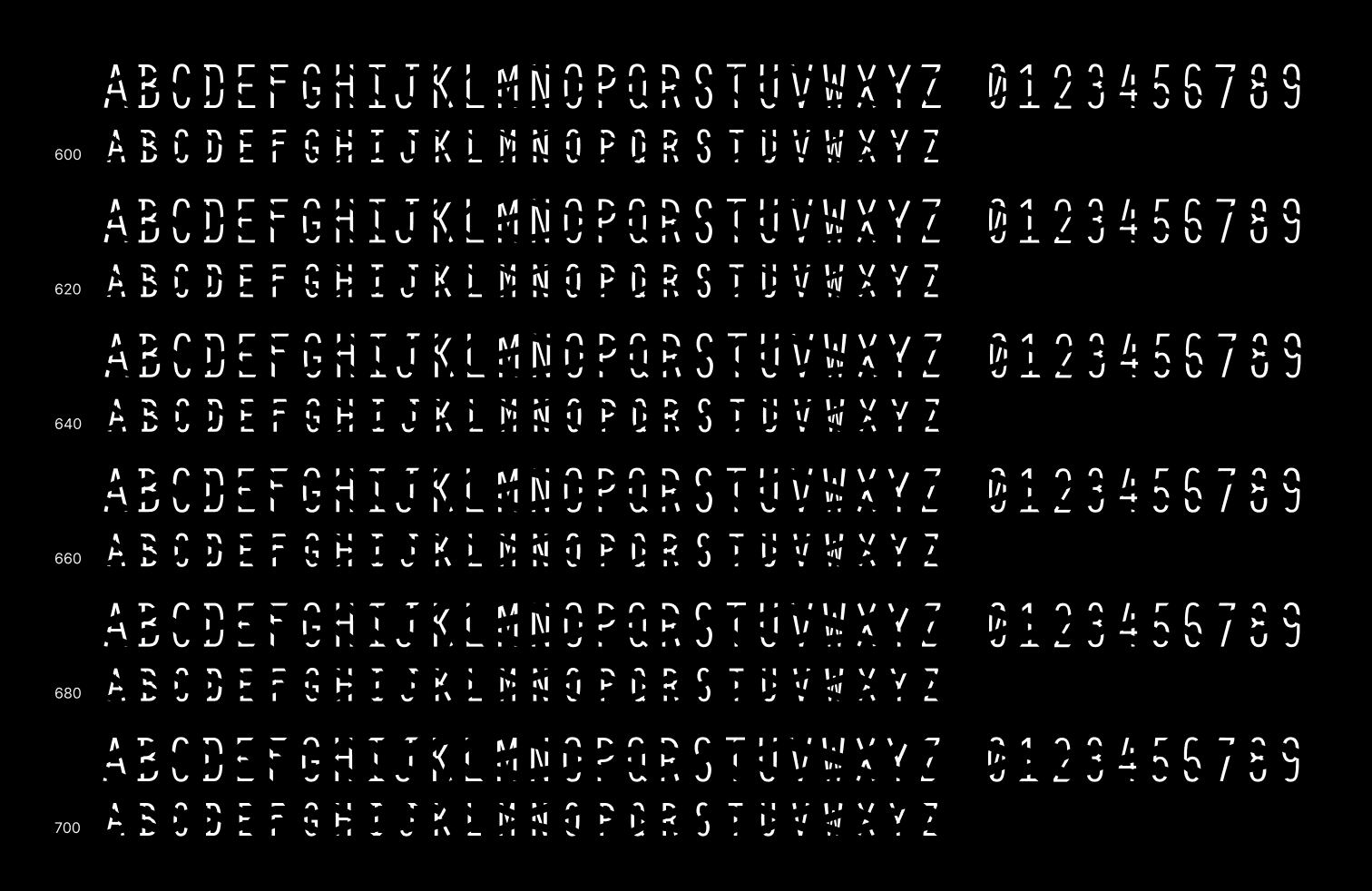 Disruption Monospace VF glyphs in 6 different weights - from 600 (regular) to 700 (disrupted), colors inverted.