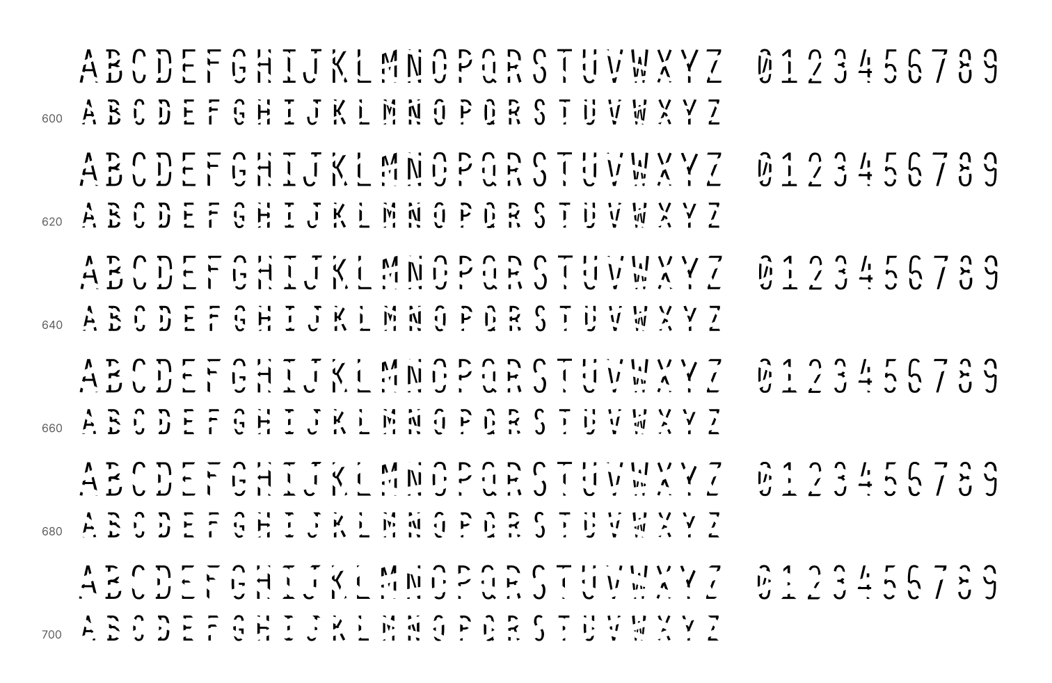 Demo of Resolution Display Font in 6 different weights - from 600 (regular) to 700 (disrupted).