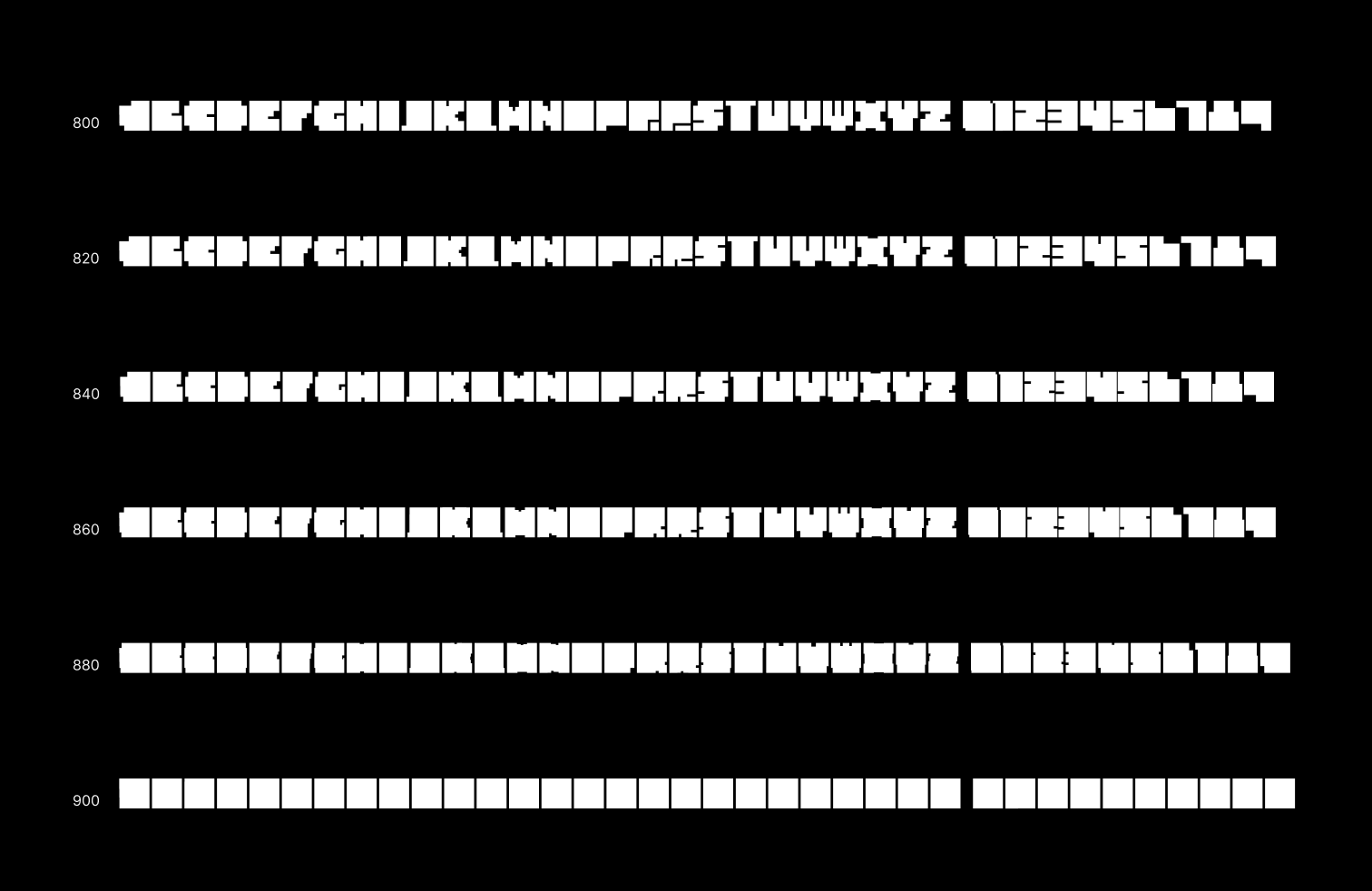 Resolution Display glyphs in 6 different weights - from 800 (black) to 900 (full), colors inverted.