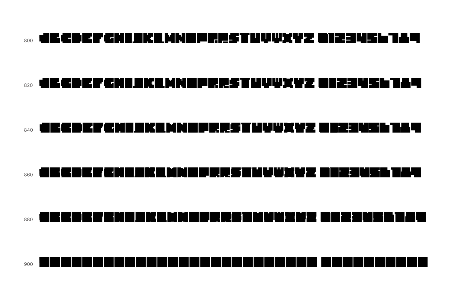 Demo of Resolution Display Font in 6 different weights - from 800 (black) to 900 (full).